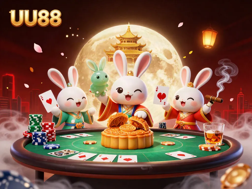 Experience UU88 with a whimsical moon rabbit and poker-themed lunar celebration.