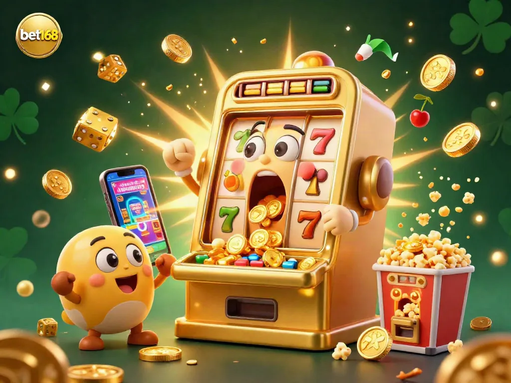 Celebrate wins at bet168 with a dynamic scene of a golden slot machine hitting the jackpot amidst an explosion of coins and casino symbols.