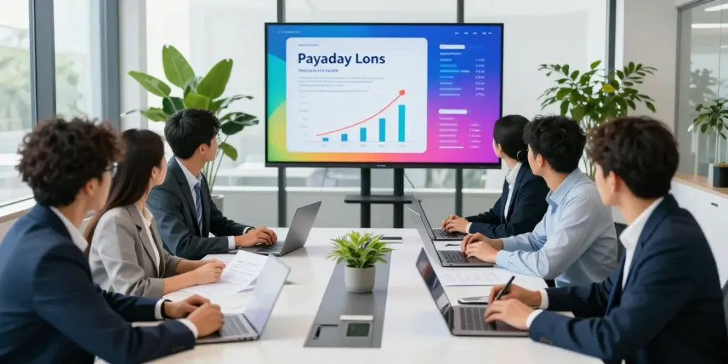 Professionals discussing Payday Loans Co strategies in a bright, modern office