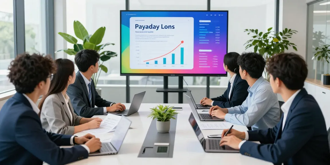 Professionals discussing Payday Loans Co strategies in a bright, modern office