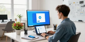 Download Telegram on a sleek workspace desk with tech gadgets and apps displayed.