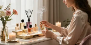 Armaf parfumcollectie opgezet op een luxe kaptafel met een stijlvolle vrouw die haar geur selecteert.