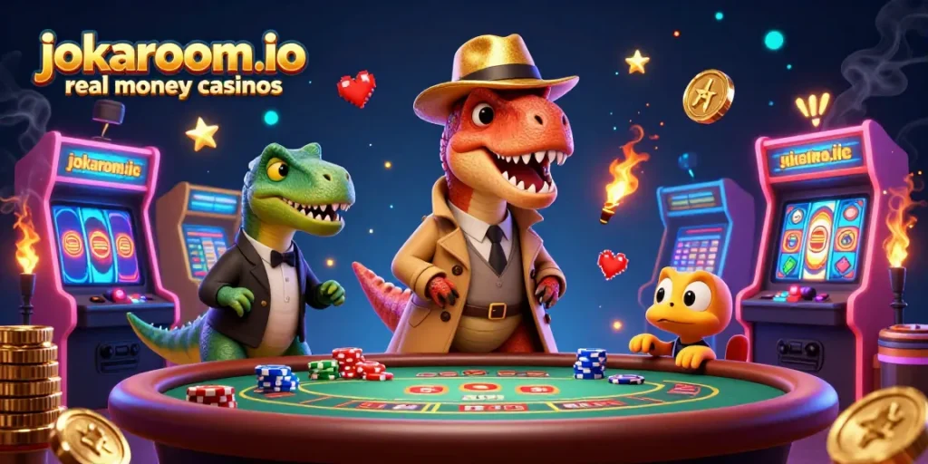 Engage with jokaroom.io real money casinos featuring playful characters in a vibrant casino scene.