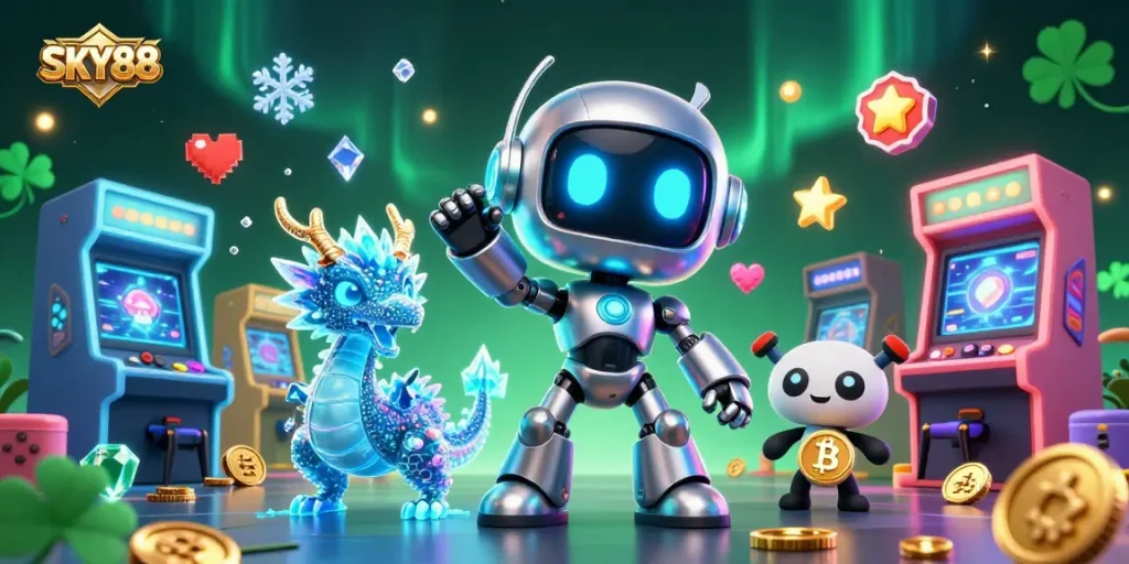 Engage with thrilling SKY88 casino action featuring players and a cyberpunk ambiance.