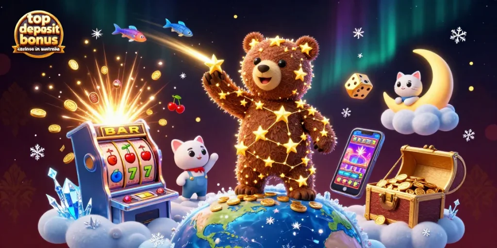 Experience top no deposit bonus casinos in Australia with immersive gaming illustrated in vibrant detail.