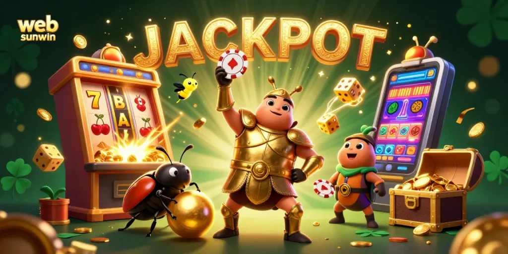 Spin to win with web sunwin in a vibrant jackpot scene with a cartoon hercules beetle and exciting casino elements.