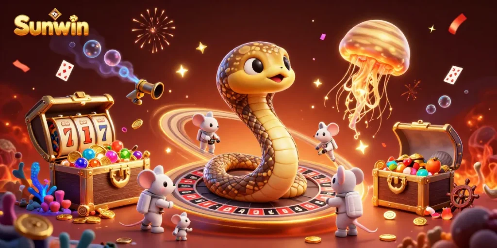 Sunwin players betting on a cosmic roulette wheel while enjoying vibrant casino elements in 3D.