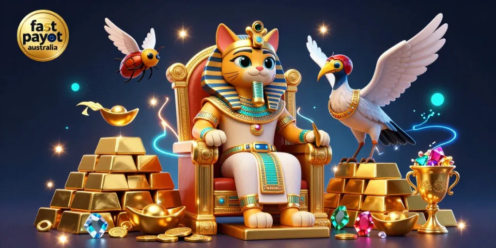 Experience fast payout casinos australia with vibrant 3D scenes of golden treasures and Egyptian-themed characters.