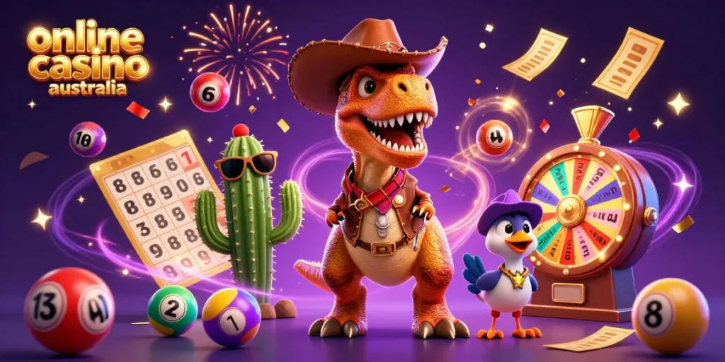 Engage with the vibrant scene of characters celebrating at an online casino Australia, featuring colorful lottery elements and rich visuals.