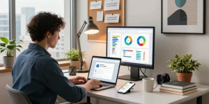 Download WPS Office in a stylish modern workspace with charts, coffee, and city views.