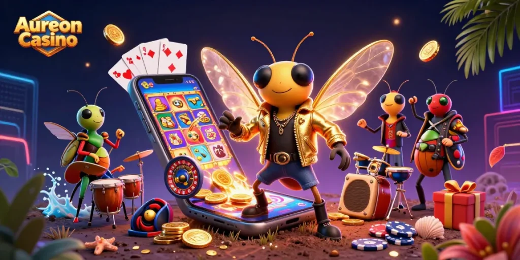 Aureon Casino brings excitement alive with a cicada rock star, vibrant slots, and casino elements.