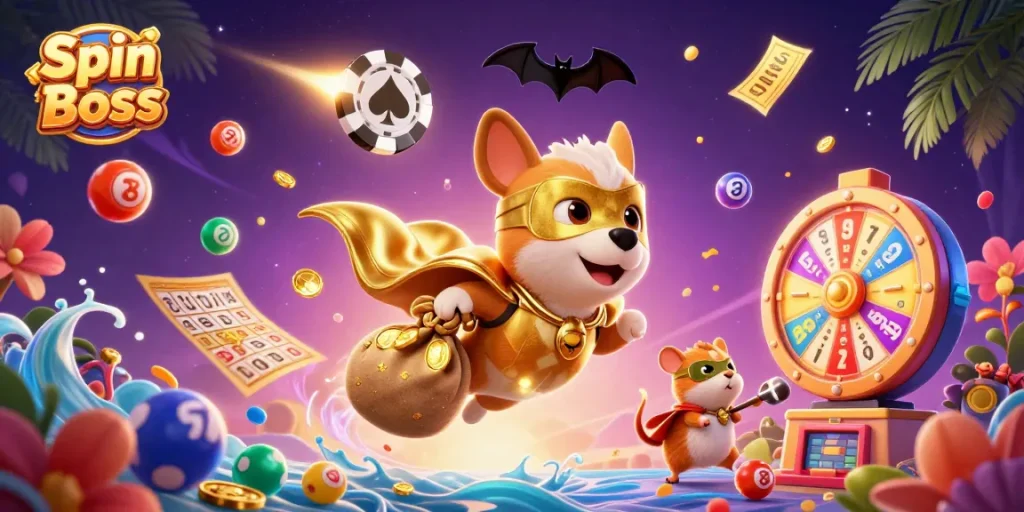Spin Boss dog superhero claims victory with gold coins and vibrant casino elements