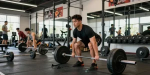 Prime Pharma Steroids gebruikt door atleet tijdens deadlift in moderne sportschool.