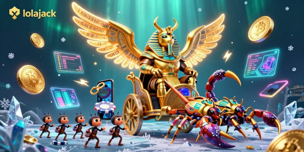 Experience the vibrant world of lolajack as the colossal scarab rides, surrounded by energetic gaming elements.