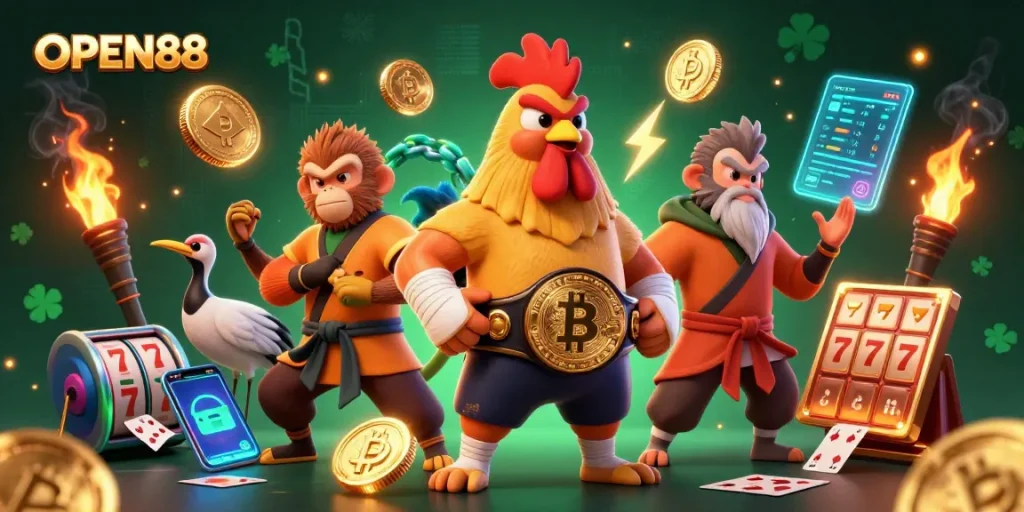 Engage with the exhilarating world of OPEN88 through this dynamic illustration, showcasing a Muay Thai rooster and a Shaolin monkey amid thrilling gaming elements.
