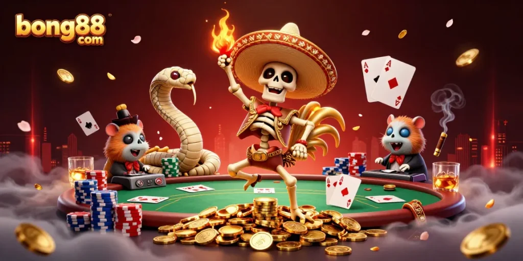 Experience the vibrant excitement of bong88 com with a festive victory dance in dazzling casino-themed illustration.