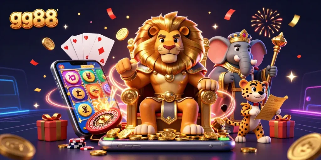 Experience thrilling gameplay at gg88 with vibrant slot machines and dynamic casino characters.