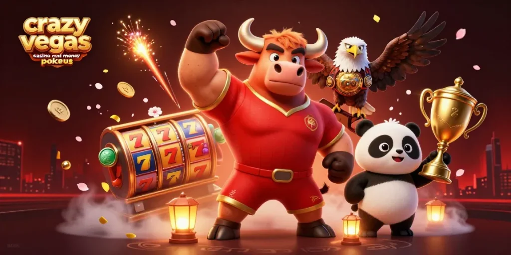 The joyful scene showcases crazy vegas casino real money pokies with a victorious bull mascot, eagle, and panda, celebrating wins.
