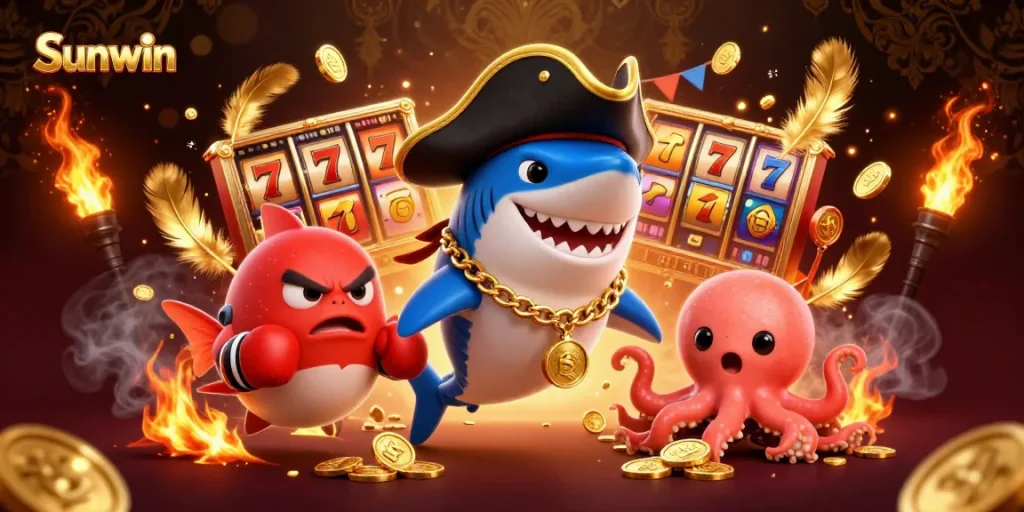 Engage with the thrilling Sunwin casino experience featuring a pirate shark, pufferfish, and octopus in a dynamic scene.