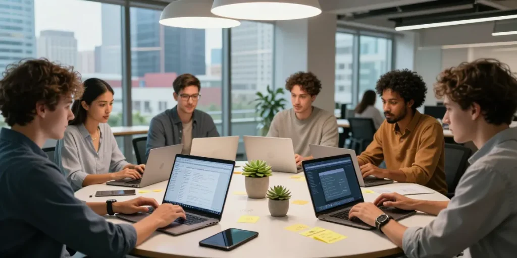 Build internal tools with AI in a collaborative workspace with professionals engaged in development activities.