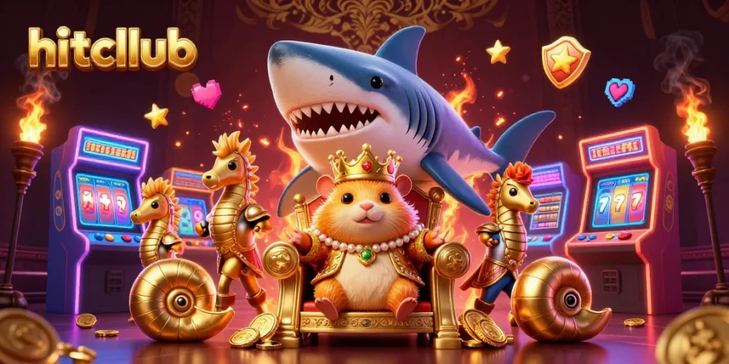 Experience thrilling gaming at hitcllub, featuring a fierce golden hamster king and vibrant casino elements.