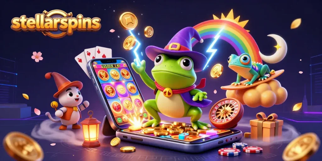 Engage with stellarspins, exploring baccarat magic amidst golden coins, vibrant characters, and thrilling gaming elements.